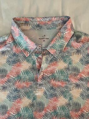 Properly Tucked Men’s Tropical Palm-Print Polo — Coral, Teal & Navy